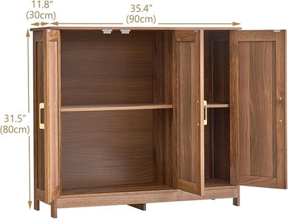Wood Buffet Storage Cabinet, 3-Door Sideboard Credenza with Fluted Doors & Adjustable Shelves, Freestanding Coffee Bar Cabinet for Kitchen, Living Room, Walnut Brown