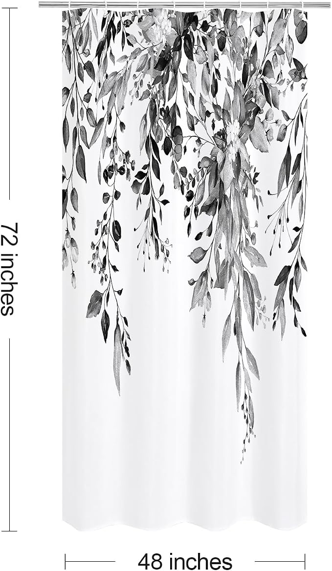 Black Eucalyptus Shower Curtain, Watercolor Floral Print, 48x72 | Watercolor Plant Leaves Floral Print, Stall Waterproof Fabric Bathroom Decor, Machine Washable, Rustproof Grommets