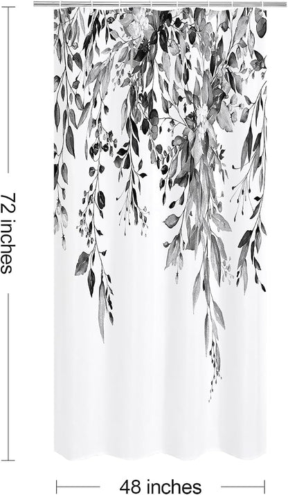 Black Eucalyptus Shower Curtain, Watercolor Floral Print, 48x72 | Watercolor Plant Leaves Floral Print, Stall Waterproof Fabric Bathroom Decor, Machine Washable, Rustproof Grommets