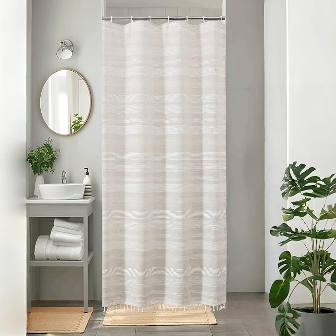 Linen Boho Stall Shower Curtain, Narrow Soft Fabric Striped Textured Bathroom Shower Curtain with Tassel, Modern Farmhouse Machine Washable Bath Decor, Linen, 36Wx72L Inches