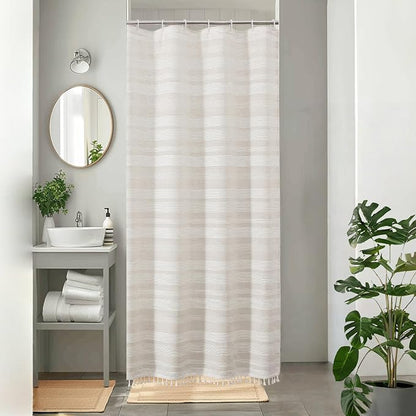 Linen Boho Stall Shower Curtain, Narrow Soft Fabric Striped Textured Bathroom Shower Curtain with Tassel, Modern Farmhouse Machine Washable Bath Decor, Linen, 36Wx72L Inches