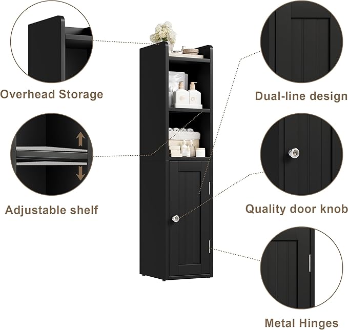 ChooChoo Small Bathroom Storage Cabinet, 7.1“W * 7.9”D Corner Floor Cabinet with Door and Adjustable Shelf, Narrow Toilet Paper Cabinets, Slim Bathroom Organizers for Small Spaces and Bathroom, Black