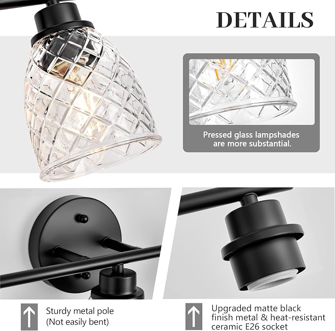 3-Light Vanity Light Over Mirror, Black Bathroom Light Fixtures | Modern Farmhouse Wall Lamp with Hammered Glass Lampshade for Kitchen Hallway Bedroom Living Room Cabinet Porch-18.1IN