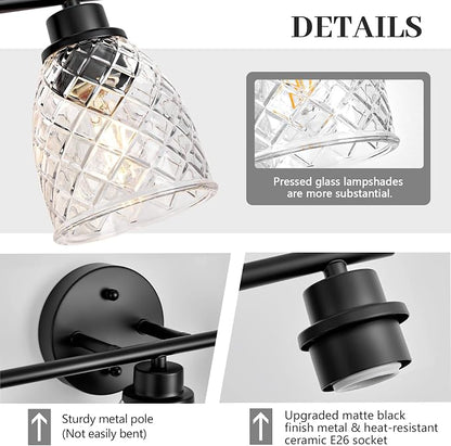 3-Light Vanity Light Over Mirror, Black Bathroom Light Fixtures | Modern Farmhouse Wall Lamp with Hammered Glass Lampshade for Kitchen Hallway Bedroom Living Room Cabinet Porch-18.1IN