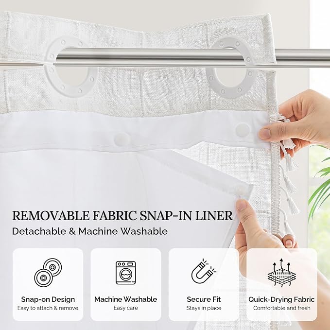 RiverDream Farmhouse No Hooks Shower Curtain with Snap-in Liner,White,71x74 | Snap on Fabric Liner,Heavy Duty,Quick Dry,Mesh Top Window,With Bottom Magnets,Washable,with Tassels,Standard Size