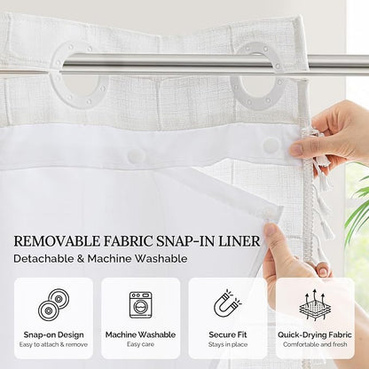 RiverDream Farmhouse No Hooks Shower Curtain with Snap-in Liner,White,71x74 | Snap on Fabric Liner,Heavy Duty,Quick Dry,Mesh Top Window,With Bottom Magnets,Washable,with Tassels,Standard Size