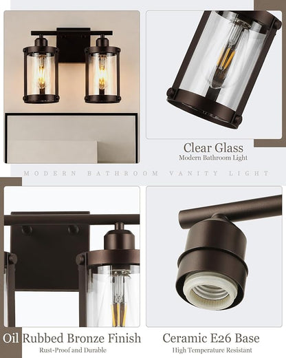 2-Light Oil Rubbed Bronze Bathroom Light Fixtures, 13.8 Inch Modern Bathroom Vanity Lighting Fixtures Over Mirror with Clear Glass and Metal Cage Wall Sconce Lights for Bath, OS-3014ORB-2W