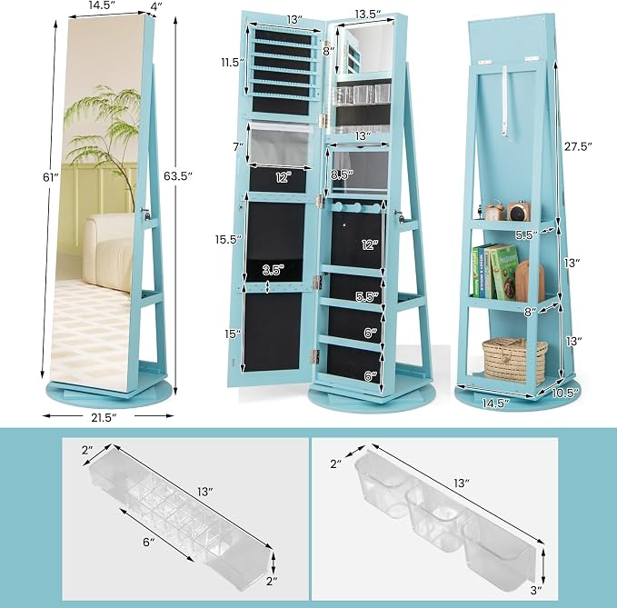 GOFLAME 360° Rotating Jewelry Cabinet with Full-Length Mirror, Freestanding Jewelry Armoire with 3-Color LED Light and Back Storage Shelf, Lockable Jewelry Organizer for Bedroom Cloakroom, Sky Blue