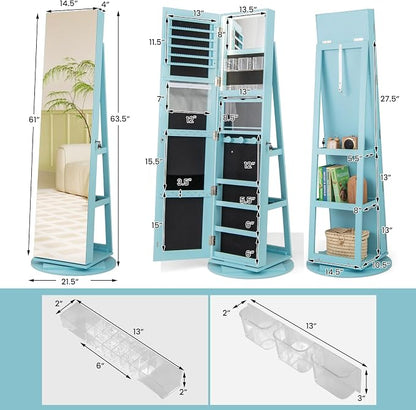 GOFLAME 360° Rotating Jewelry Cabinet with Full-Length Mirror, Freestanding Jewelry Armoire with 3-Color LED Light and Back Storage Shelf, Lockable Jewelry Organizer for Bedroom Cloakroom, Sky Blue