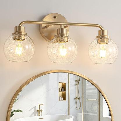 Bathroom Light Fixtures Gold Vanity Light 3 Light Brushed Brass | Wall Sconces Lighting with Seeded Globe Glass Shades Bath Wall Lamp for Mirror Kitchen Living Room Bedroom Hallway