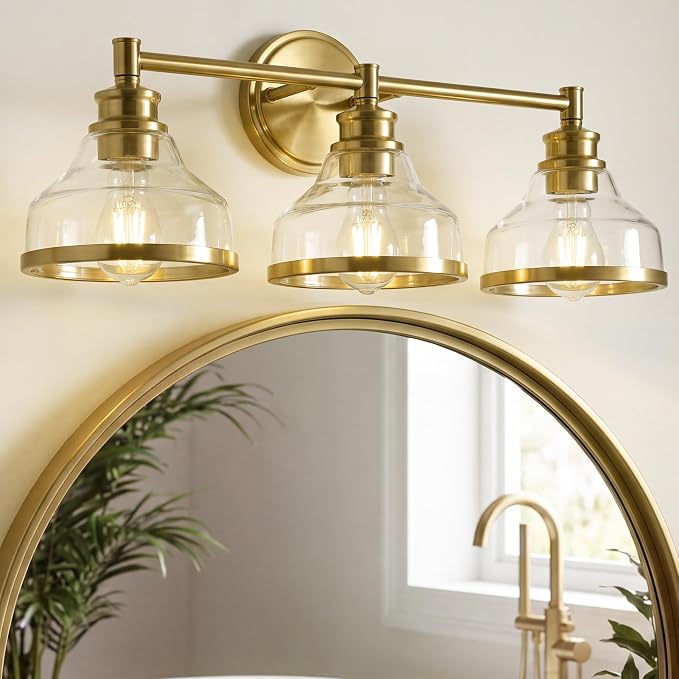 kudos 3-Light Brushed Gold Vanity Light, Clear Glass Shade | 24" bathroom light fixtures over mirror, upward or downward, E26 base, bulbs not included, Hardwired, KDVL20-GD-3