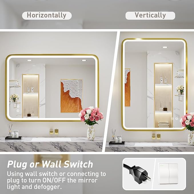 LED 36x24 Inch Lighted Bathroom Mirror,Gold Frame,3 Color | ETL Listed,Anti-Fog,3000K/4500K/6000K Dimmable,Horizontal & Vertical,Wall Mounted,Memory Function,Ideal for Bathroom,Vanity