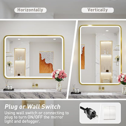 LED 36x24 Inch Lighted Bathroom Mirror,Gold Frame,3 Color | ETL Listed,Anti-Fog,3000K/4500K/6000K Dimmable,Horizontal & Vertical,Wall Mounted,Memory Function,Ideal for Bathroom,Vanity