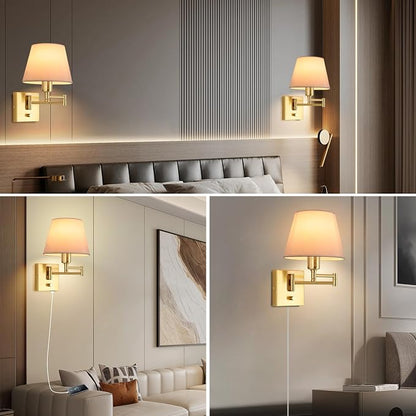 Bedside Wall Mount Light with Dimmable Switch, Swing Arm Fabric Shade Wall Sconce Light with USB Port and Plug in Cord, Gold Wall Lamp for Bedroom, Living Room and Hotel