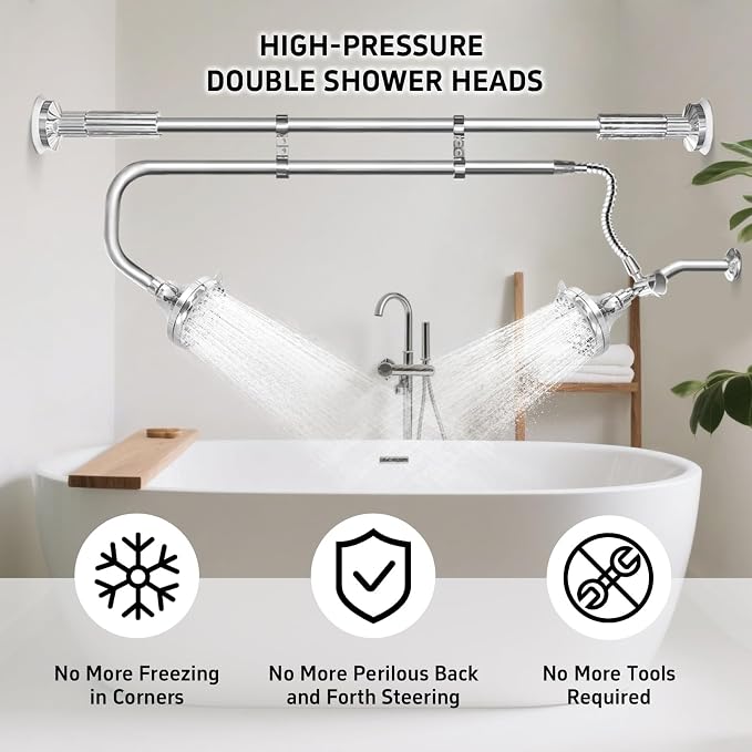 OURBAOFU Tandem Shower Heads, Double Shower Head for Couples, Dual Shower Head System for Two People, High Pressure and Adjustable Double Shower Heads (Silver) | Double Shower Head High Water Pressure,Adjustable 360° Rotation,48–78 In for bathrooms,Sta...