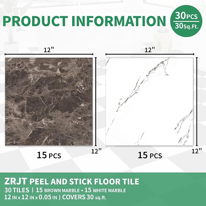 30-Pack 30 Sq.Ft Peel and Stick Floor Tiles Vinyl Matte Pattern Flooring, 12” x 12” Self Adhesive Vinyl Flooring DIY for Kitchen, Bathroom, Laundry, Brown&White Marble