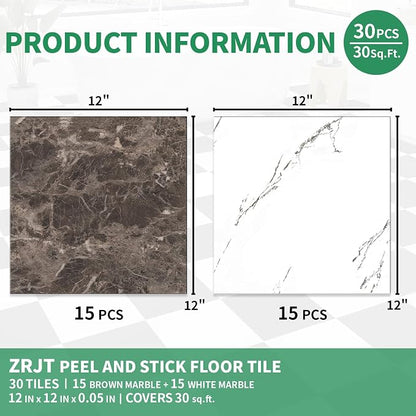 30-Pack 30 Sq.Ft Peel and Stick Floor Tiles Vinyl Matte Pattern Flooring, 12” x 12” Self Adhesive Vinyl Flooring DIY for Kitchen, Bathroom, Laundry, Brown&White Marble