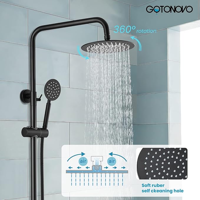 gotonovo Shower faucet Set Matte Black Triple Function with Adjustable Hand Sprayer and Tub Spout SUS 304 Stainless Steel 8 Inch Rainfall Shower Head Bathroom Shower Fixture Wall Mount Complete Set