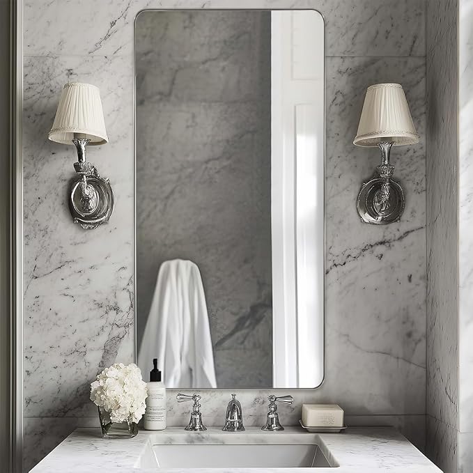 Chrome Bathroom Mirrors for Over Sink, 24x48 Inch Polished Silver Mirror for Wall, Rectangular Metal Framed Vanity Mirror -Modern Clean Design with Superior Stainless Steel Frame