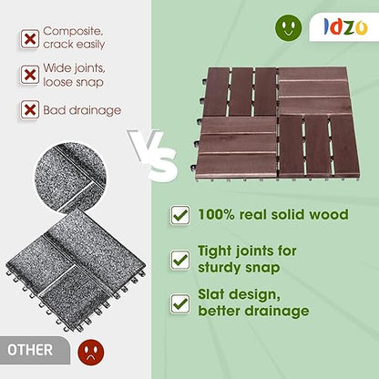 IDZO Interlocking Deck Tiles - 10PCS Waterproof Acacia Wood Patio Tiles, Flooring Tiles for Both Indoor and Outdoor - Decking Checker Pattern, 12 x 12 x 0.9 Inches, Dark Brown