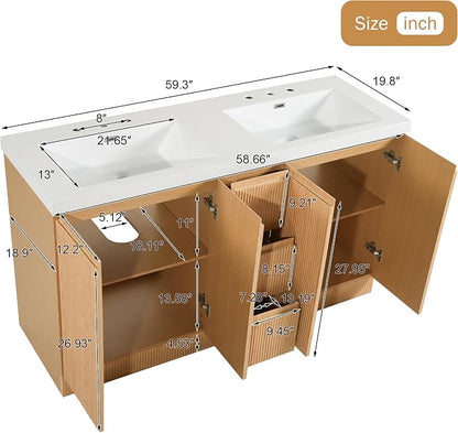 60 Inch Double Bathroom Vanity with SMC Resin Sink, Wood | 3 Drawers & 4 Soft-Close Doors, 1.9-inch Countertop,Multilayer Plywood, Brushed Nickel Hardware for Hotels, Apartments