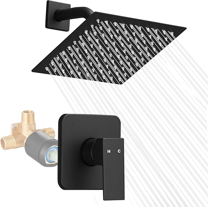 Black Shower Head And Faucet Set Complete With Valve Shower Fixtures With 8 Inch High Pressure Rain Shower Head Trim kit Regaderas Para bBaño Modernas