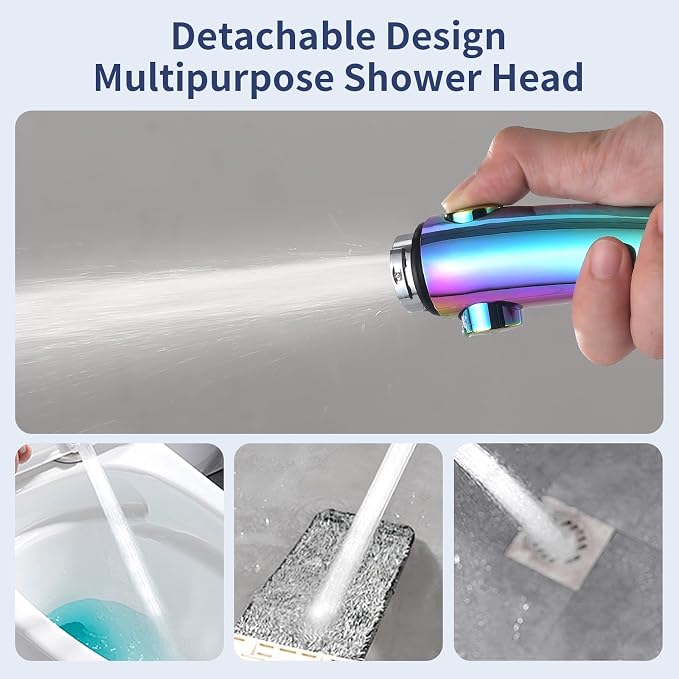 HANLIAN On/Off High Pressure Handheld Shower Head for RV Camper | 3 Spray Modes Shower Head with Pause Button, Water Saving Shower Head with Hose and Self-adhesive Holder(Radiant Rainbow)