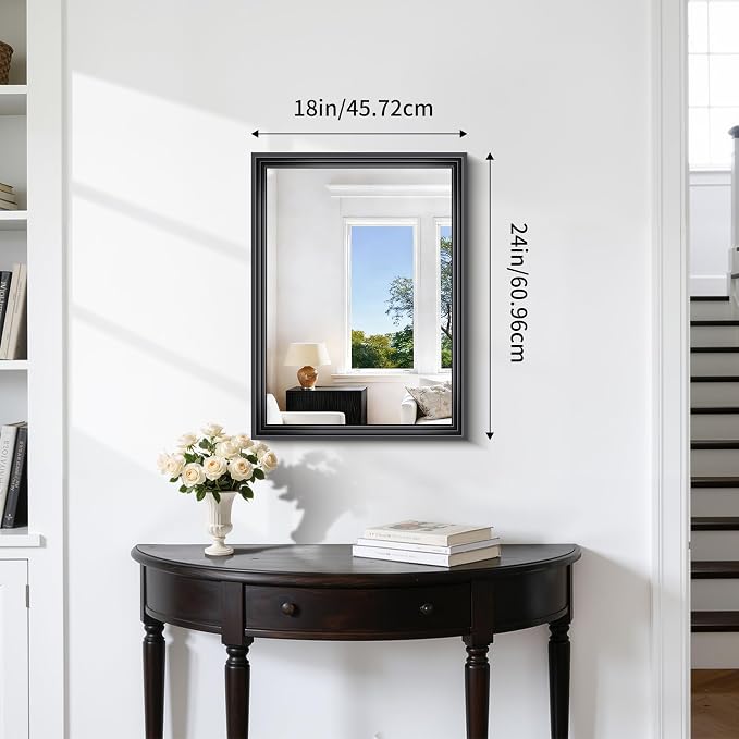 BONEWEI Black Bathroom Mirrors for Wall,18x24 inch Bathroom Mirror Over Sink,Rectangle Metal Framed Vanity Mirror Wall Mounted for Bedroom Living Room,Entryway Hangs Horizontal or Vertical Decor