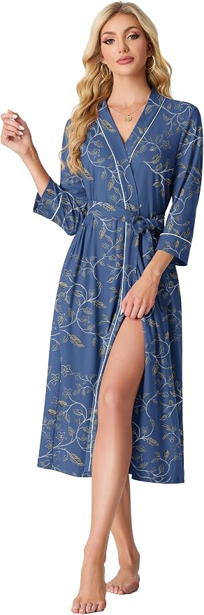 PrinStory Robes for Women 3/4 Sleeve Long Bath Robe XS-4XL | V-Neck Knit Bathrobe with Pockets, Lightweight, Soft, Breathable Robes for Shower, Spa, Travel, Home, Party, Nursing