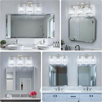 Brushed Nickel Bathroom Light Fixtures, Square, 3-Light | Vanity Lights with Crystal Shades, Modern Bathroom Lighting Fixtures over Mirror (Bulbs Not Included, E26)