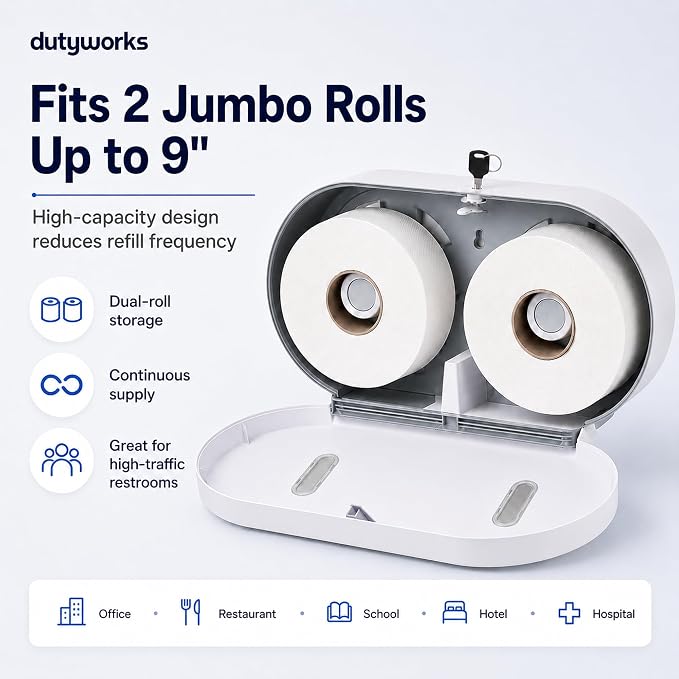 Commercial Double Roll Toilet Paper Dispenser Wall Mount | Holds Rolls up to 9 in, Lockable, Visible Window, Sliding Divider, No-Drill Installation, Heavy Duty ABS
