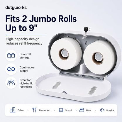 Commercial Double Roll Toilet Paper Dispenser Wall Mount | Holds Rolls up to 9 in, Lockable, Visible Window, Sliding Divider, No-Drill Installation, Heavy Duty ABS