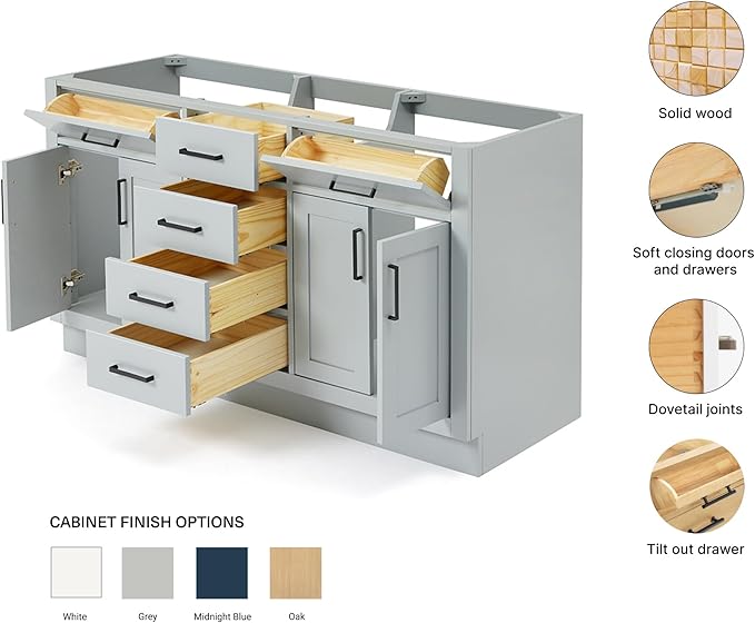 ARIEL Hepburn 60-inch Bathroom Vanity Base Cabinet,Solid Wood, 4 Soft Closing Doors, 6 Dovetail Drawers, Grey