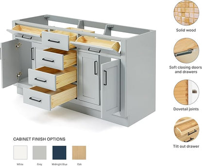 ARIEL Hepburn 60-inch Bathroom Vanity Base Cabinet,Solid Wood, 4 Soft Closing Doors, 6 Dovetail Drawers, Grey