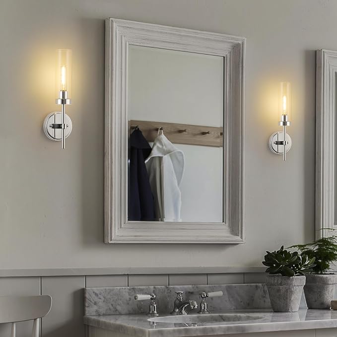 WILON Bathroom Wall Sconces Vanity Light Fixtures, Chrome, 2 pcs | Clear Glass Shade, 60W MAX, Modern Farmhouse Style for Vanity Mirror Bedroom Bedside Hallway Corridor Stairs bathroom