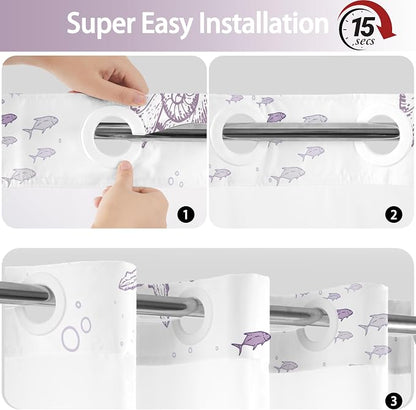 No Hook Shower Curtain and Liner Set, Purple Beach Coastal 71x84 | Nautical Ocean for Bathroom, with Snap in Liner Replacement, Mesh Top Window, Waterproof, Machine Washable, Quick-Drying