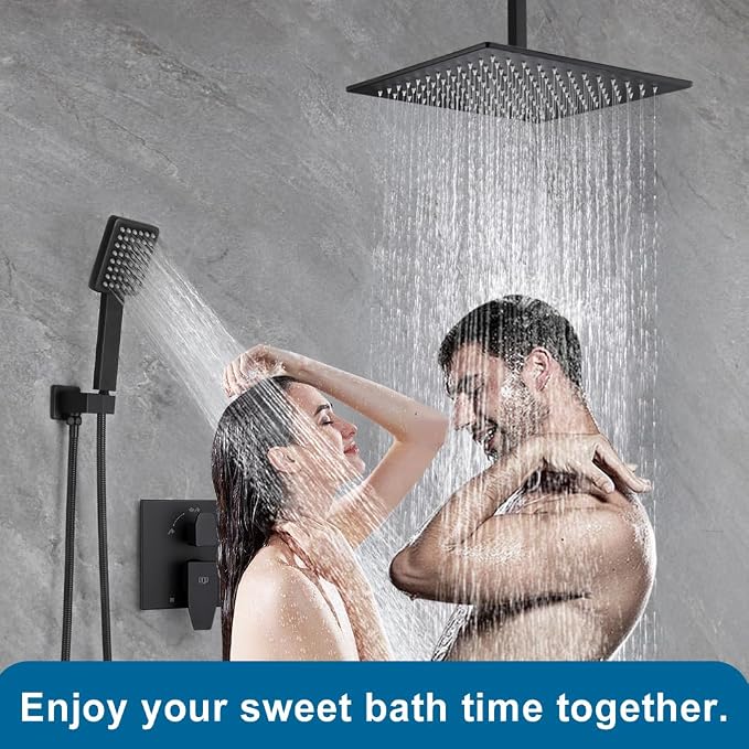 12 Inch Ceiling Mount Shower Faucet Set Matte Black Ceiling Rainfall Shower Head and Handle Set Bathroom Rain Shower System Include Shower Valve and Trim Kit