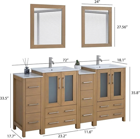 HOMEBEYOND 72 Inch Modern Bathroom Vanity with Sink & Mirror, Double Sink Vanity Cabinet with Basin and Mirror, Dove-Tailed Drawers, Soft-Closing Doors, Wood, Natural Oak