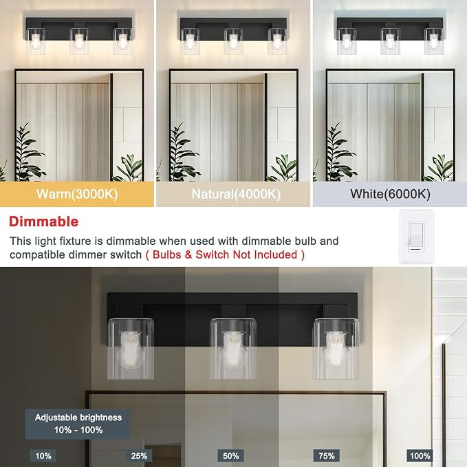21.6 Inch Bathroom Light Fixtures, with Clear Glass Shade | 3-Light Matte Black Bathroom Lighting Fixtures Over Mirror, Modern Wall Light, bathroom vanity light E26 Socket, ETL