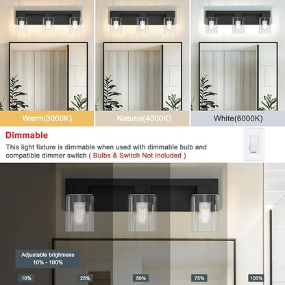 21.6 Inch Bathroom Light Fixtures, with Clear Glass Shade | 3-Light Matte Black Bathroom Lighting Fixtures Over Mirror, Modern Wall Light, bathroom vanity light E26 Socket, ETL