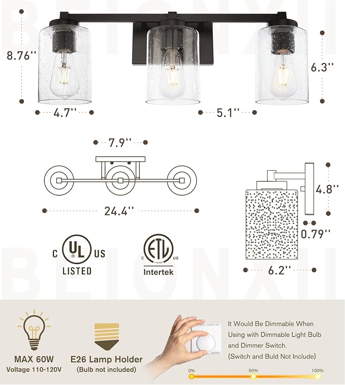 Beionxii 25In Farmhouse Bathroom Light Fixtures,Rustic Vanity Light Fixture | 3-Light Bathroom Vanity Light Fixture, Seeded Glass Shade, Oil Rubbed Bronze Over Mirror for Bathroom Living Room, BXMB9002-3