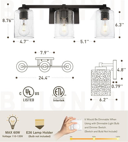 Beionxii 25In Farmhouse Bathroom Light Fixtures,Rustic Vanity Light Fixture | 3-Light Bathroom Vanity Light Fixture, Seeded Glass Shade, Oil Rubbed Bronze Over Mirror for Bathroom Living Room, BXMB9002-3