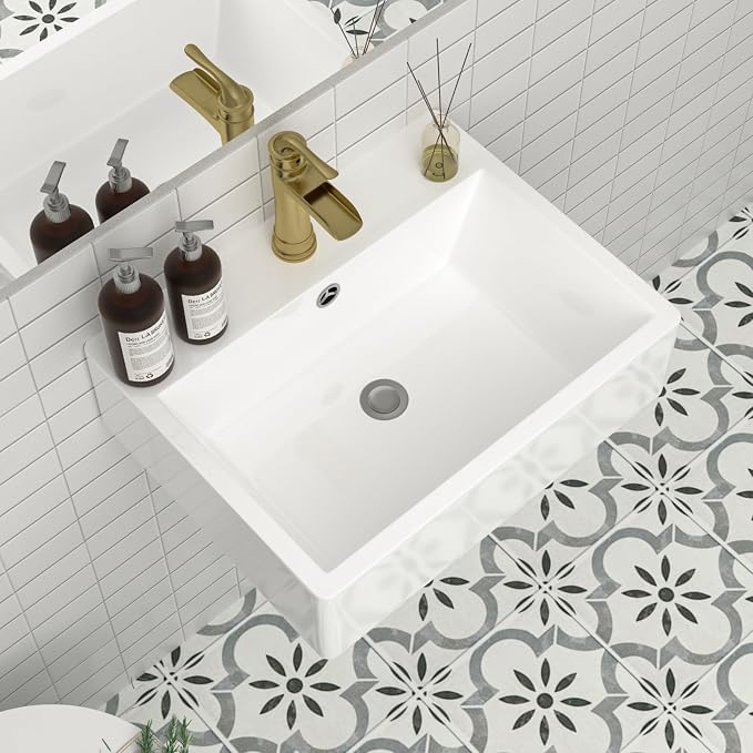Mocoloo 21"x16" Wall Mounted Bathroom Sink White Rectangle Porcelain ADA Compliant Ceramic Bathroom Sinks Floating Vanity Sink for Lavatory Room Basin
