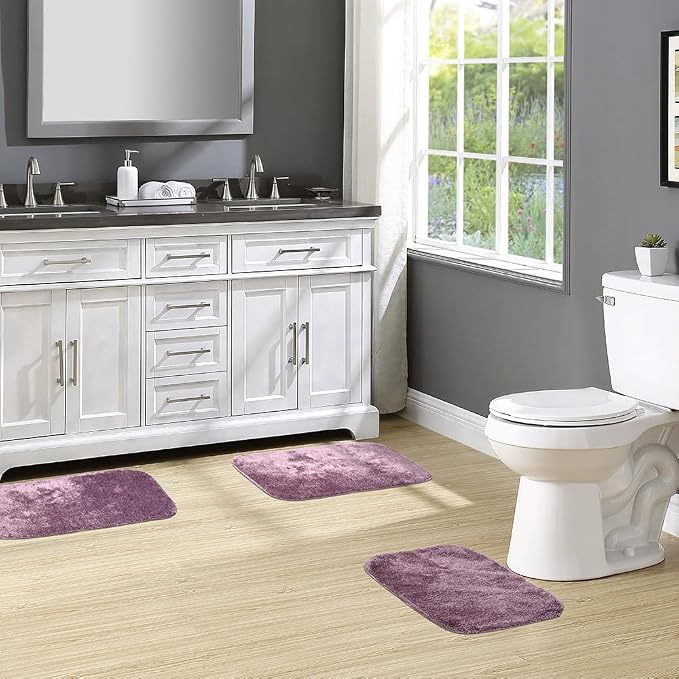 Garland Rug Traditional Nylon Washable Purple 3 Bath Rugs (17" X 24", 21" X 34", 21" X 34") - Soft, Absorbent, and Stylish for Your Bathroom