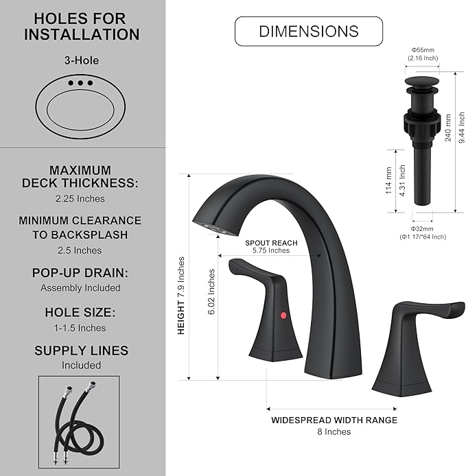 KENES Black Bathroom Faucets for Sink 3 Hole, Matte Black 8 Inch 2 Handle Widespread Bathroom Faucet, Bathroom Vanity Faucet with Pop Up Drain & Supply Lines, LJ-9075-2
