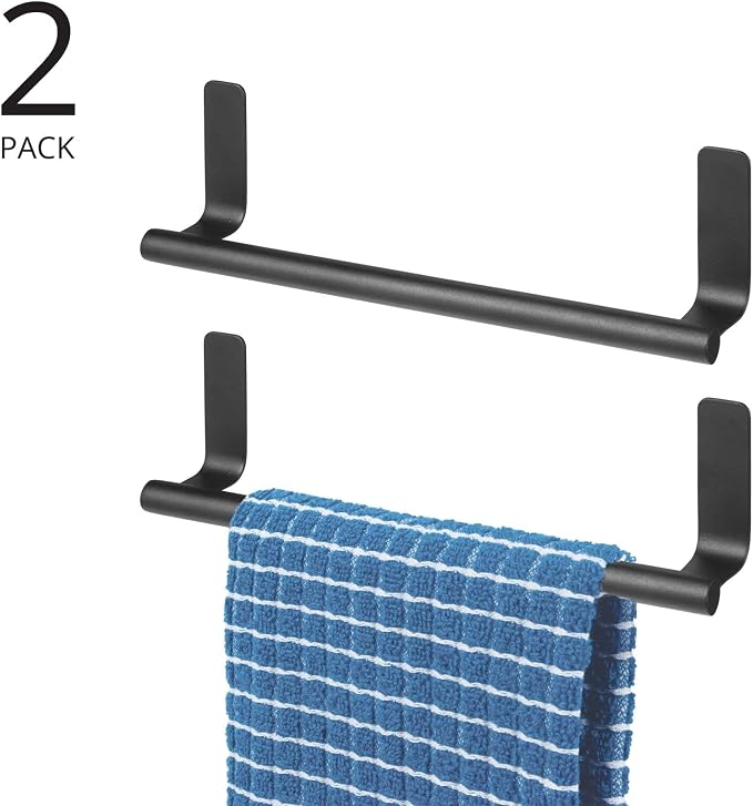 mDesign Steel Wall-Mounted Towel Rack Storage Holder - Self-Adhesive Space Saving Towel Bar for Bathroom, Kitchen - Holds Hand Towels - Stick on Doors or Cabinet - Omni Collection - 2 Pack - Black