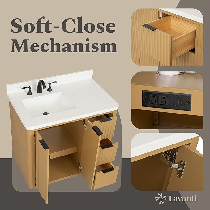 Lavanti Wooderna 36 Inch Bathroom Vanity with Sink – Stylish Firwood Oak Vanity Bathroom with Storage Cabinet – Modern Bathroom Vanities with Single Vanity Sink & Quartz Countertop