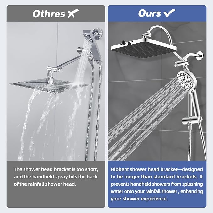 Hibbent Upgraded cUPC Certified 13'' Shower Head Combo, High Pressure 5 Spray Rainfall Showerhead with 10 Spray Modes Handheld, All Metal 3-way Diverter Shower Arm, 71'' Hose and Holder, Chrome