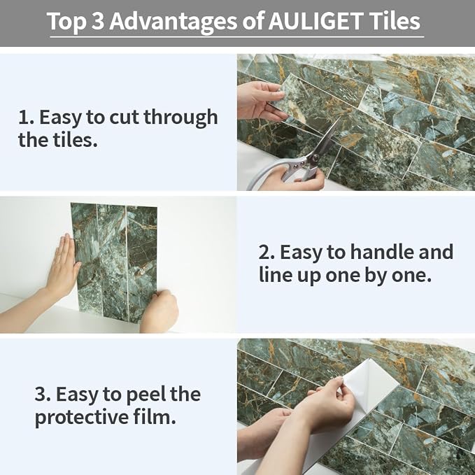 AULIGET 40-Piece Polished Green Marble with Gold Peel and Stick Backsplash Wall Tiles, 3" x 12" PVC Faux Stone Stick on Tiles for Backsplash Kitchen, Bathroom, Laundry Room, Camper, Fireplace