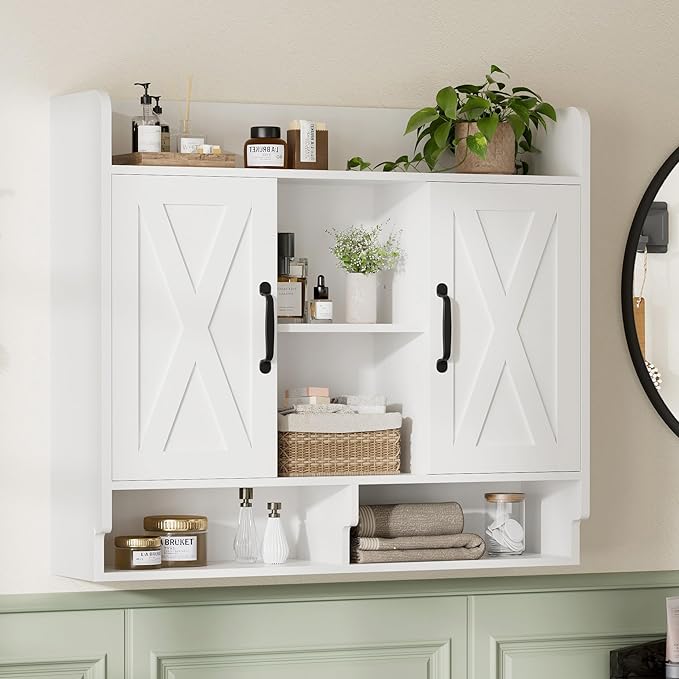 White Bathroom Wall Cabinet, Wall Mount Storage Cabinet, Floating Medicine Cabinet with 5 Open Shelves and 2 Deep Cabinets Over The Toilet for Laundry Room, Kitchen